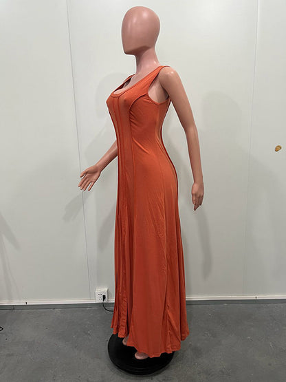 Sleeveless Color Split-joint U-neck Maxi Dresses