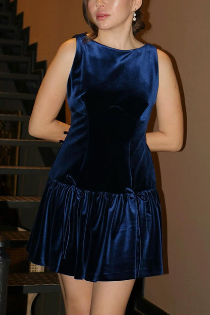 Velvet Bow Embellished Sleeveless Mini Dress