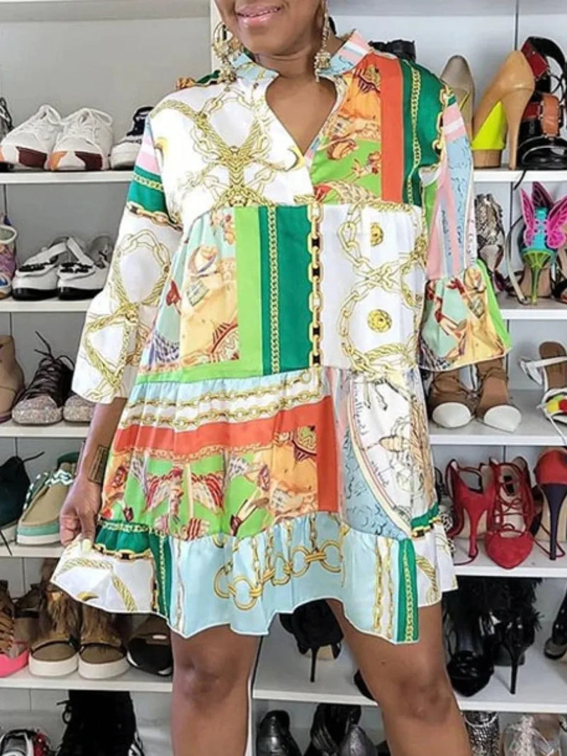 Print a Line Loose Dress Summer Short Sleeve Beach Party Mini Dress Vestido