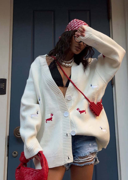 Oversized Dachshund Embroidered Cardigan – Knit Sweater