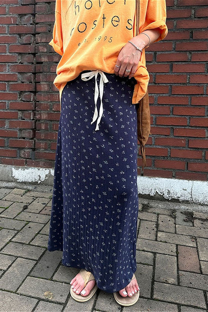 Drawstring Print Navy Skirt