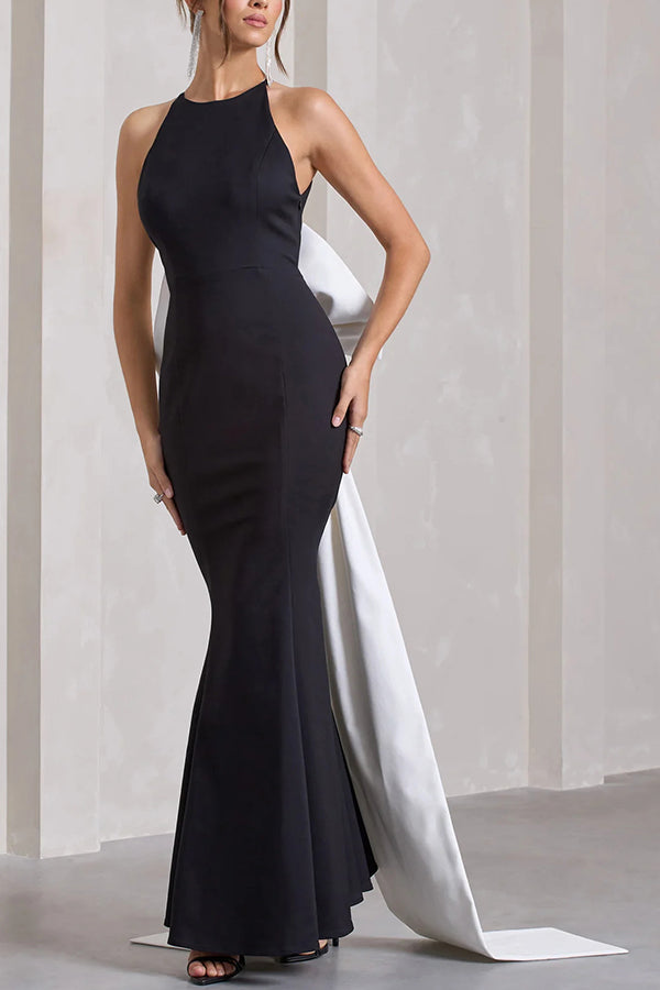 Statement Racer Neck Back Oversized Bow Hem Backless Maxi Dress