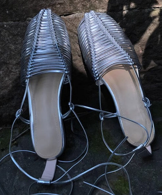 Lace Up Splicing Holiday Flat Sandals Silver Hollow Out