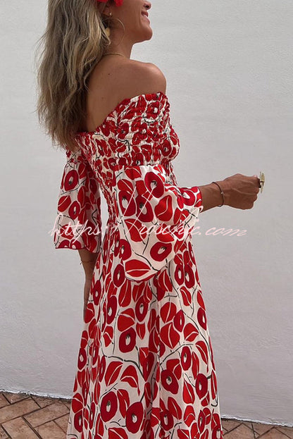 Close to the Vacation Print Smocked Off Shoulder Pocketed Maxi Dress