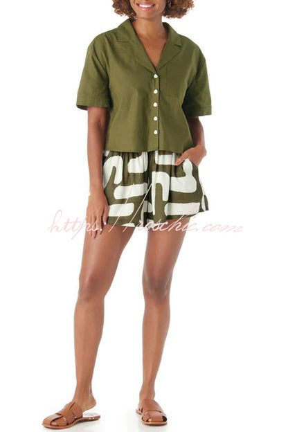 Vacation Linen Blend Unique Print Square Tank and Elastic Waist Pocketed Shorts Set
