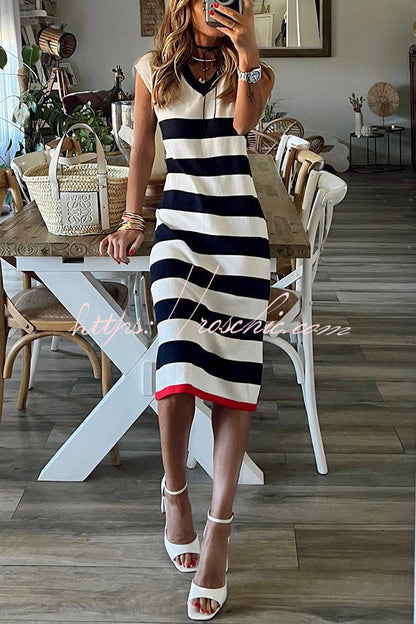 Cutest in the Room Striped V-neck Loose Slit Midi Dress