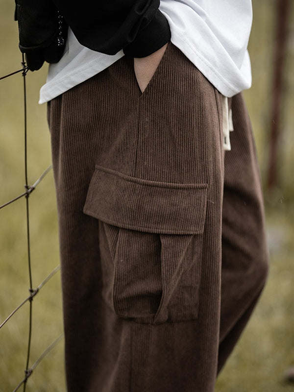 Brown Corduroy Flap Pocket Lace Up Cargo Pants