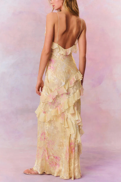 Multicolor Tie-dye Backless Wave-hem Strap Maxi Dress
