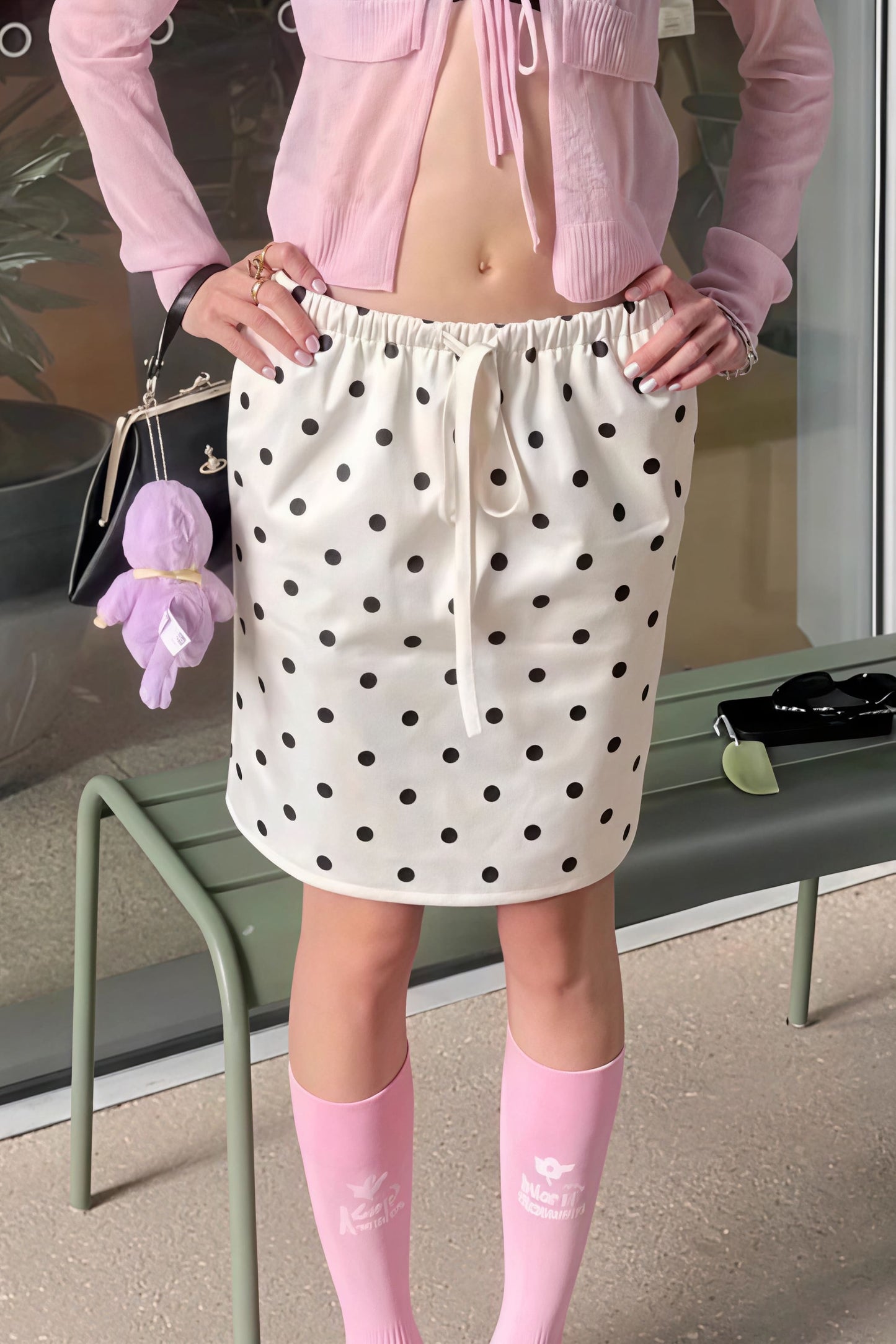 Satin Polka Dot Drawstring Midi Skirt