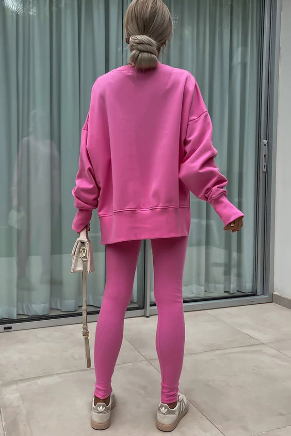 Color Loose Long Sleeve Slitsweatshirt and Elastic Waist Tight Pants Set