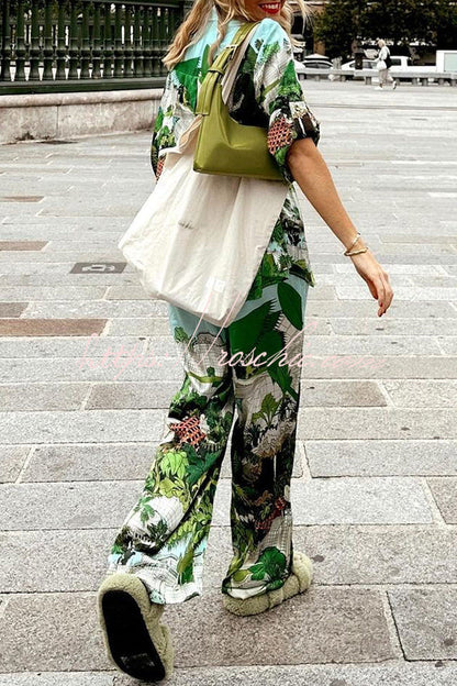 Landscape Print Button Pocket Tie Elastic Waist Pants Set