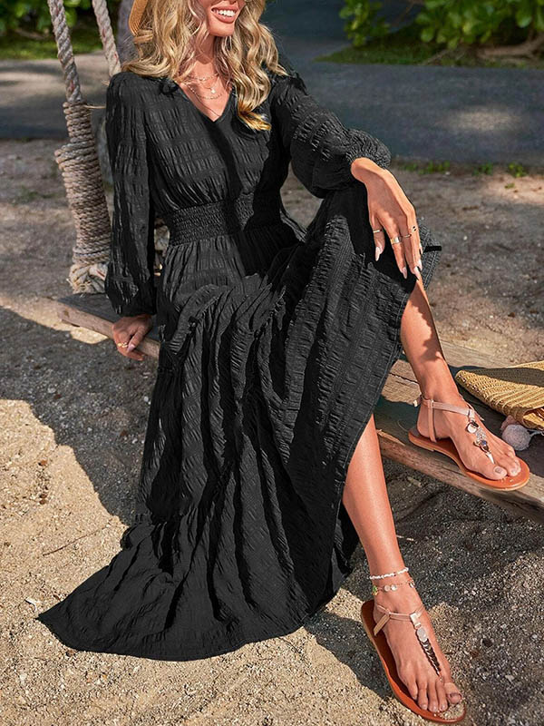 A-line Long Sleeves Elasticity Color Split-joint V-neck Maxi Dresses