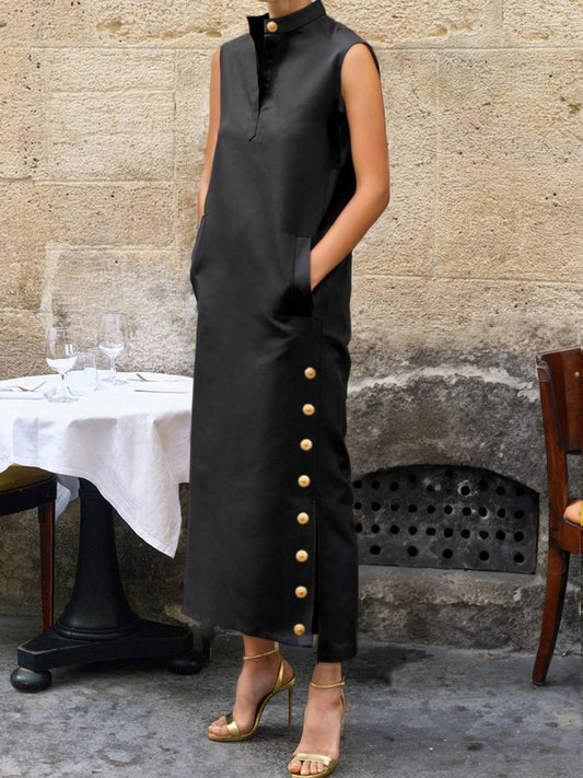 Sleeveless Buttoned Color Split-side Stand Collar Maxi Dresses Shirt Dress