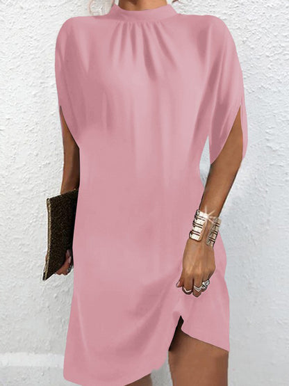 Loose Raglan Sleeve Color Mock Neck Mini Dresses