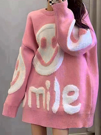 Color Y2k Smile Print Thicken Loose Sweater