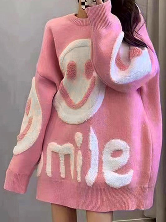 Color Y2k Smile Print Thicken Loose Sweater