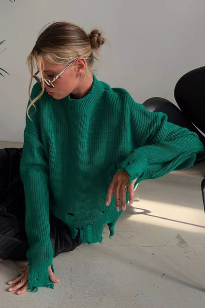 Edgy Distressed Crew Neck Sweater