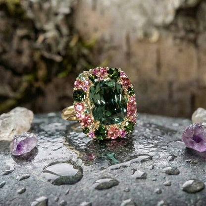 Vintage Green & Pink Crystal Ring