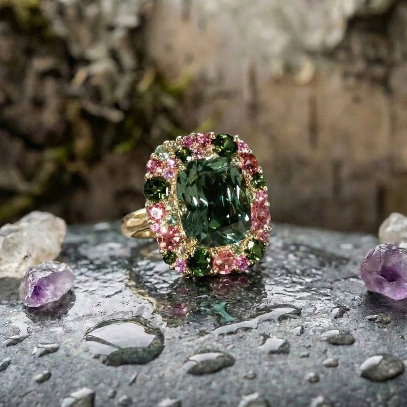 Vintage Green & Pink Crystal Ring