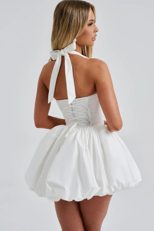 Halter Tie Bow Puffy Hem Mini Dress