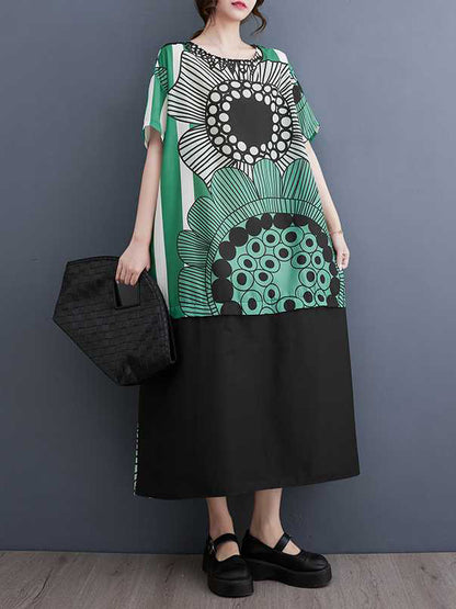 A-line Loose Flower Print Pockets Split-joint Round-neck Midi Dresses