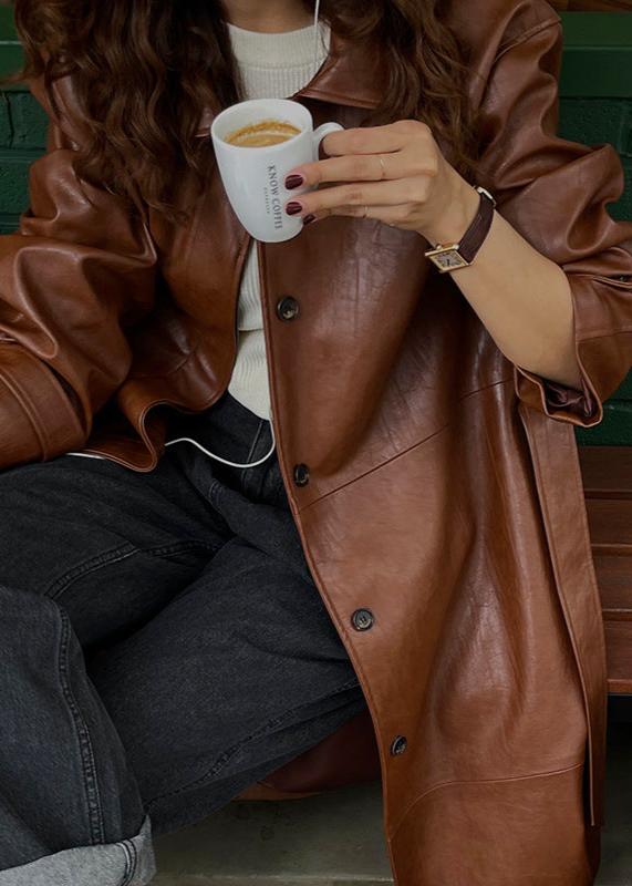 Brown Belted Leather Trench Coat - Single-breasted