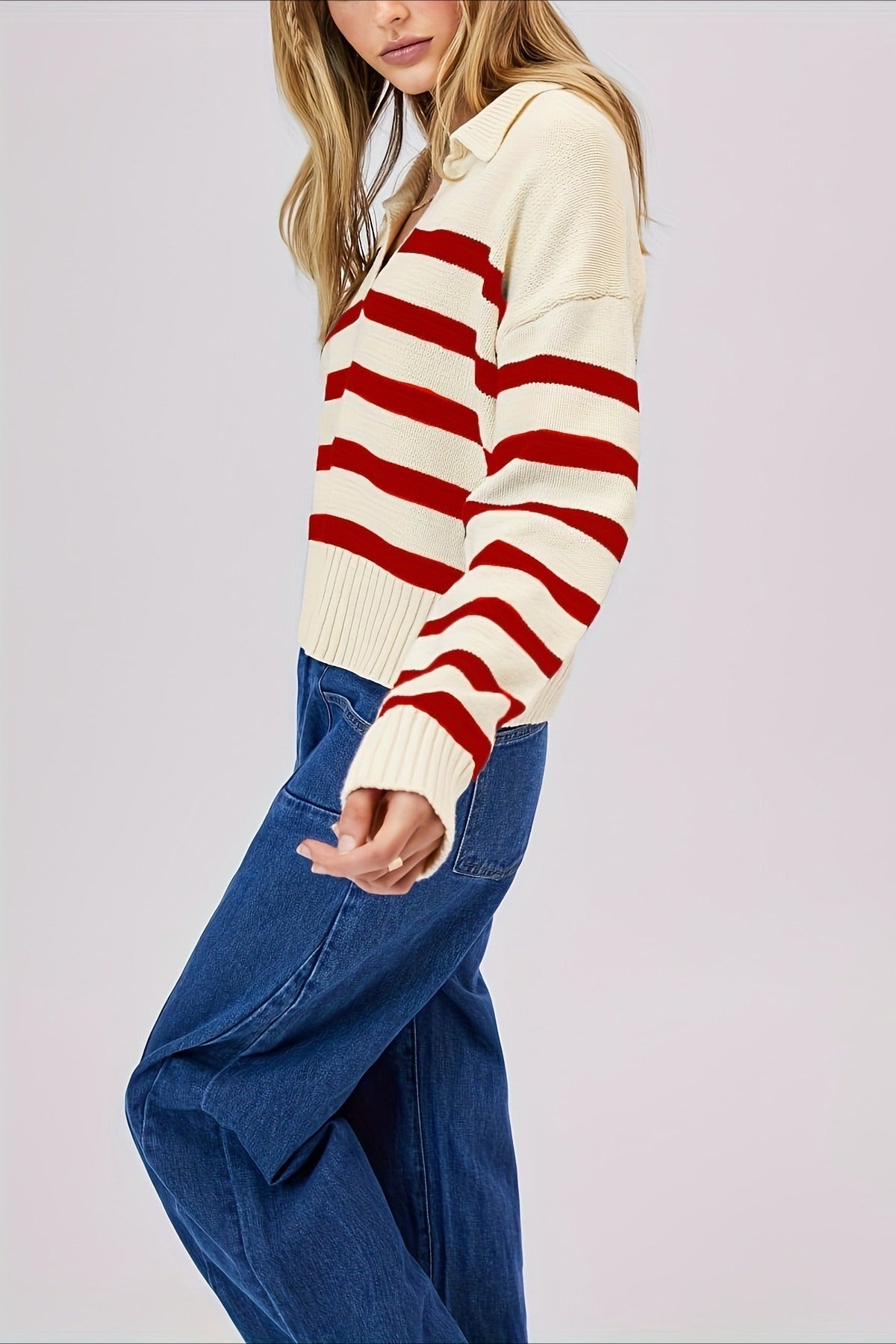 Striped Wool Collar V-neck Sweater