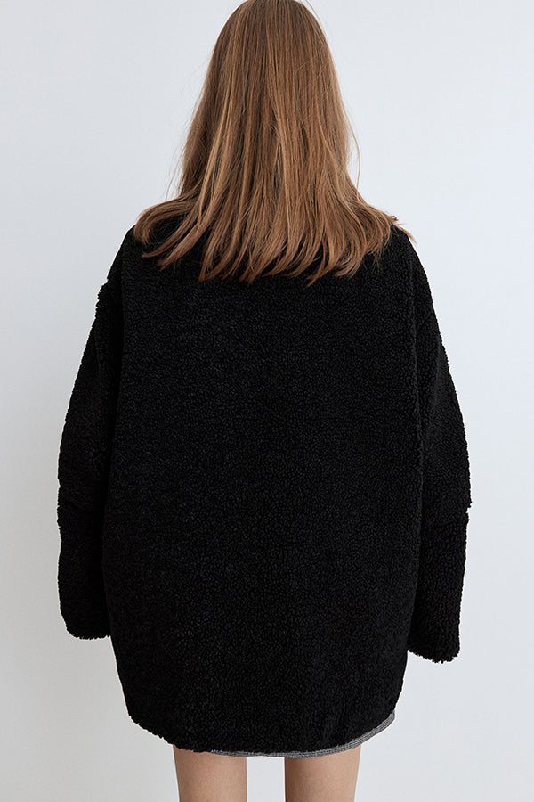 Color Stitching High Collar Long Sleeve Loose Pocket Woolen Coat