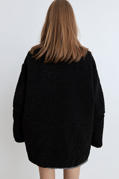 Color Stitching High Collar Long Sleeve Loose Pocket Woolen Coat