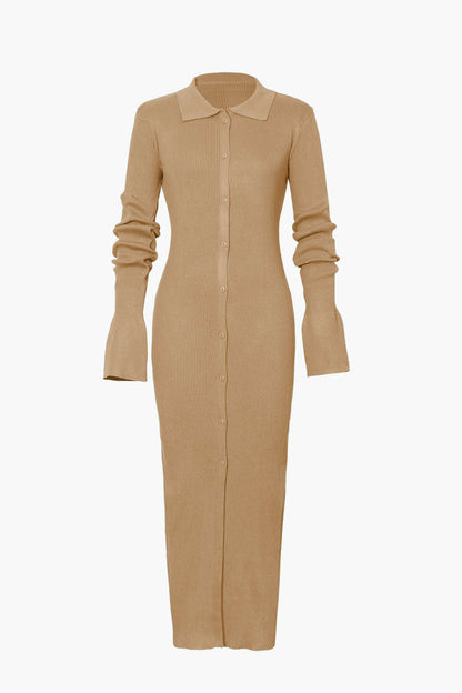 Color Shell Sleeve Ribbed Buttons Down Maxi Dress