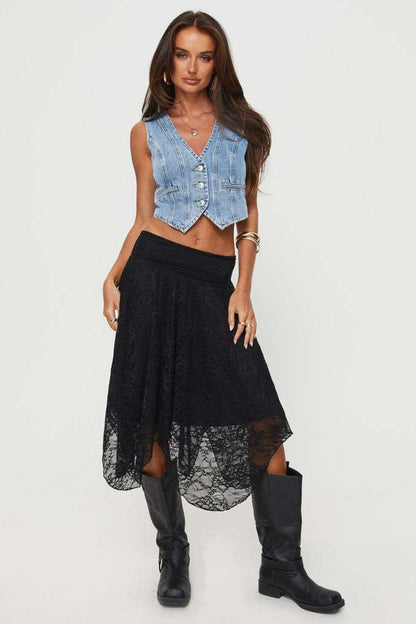 Asymmetrical Hem Lace Detail Midi Skirt