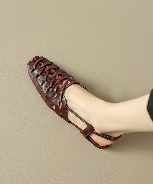 Brown Cowhide Leather Flat Sandals Splicing Hollow Out Breathable
