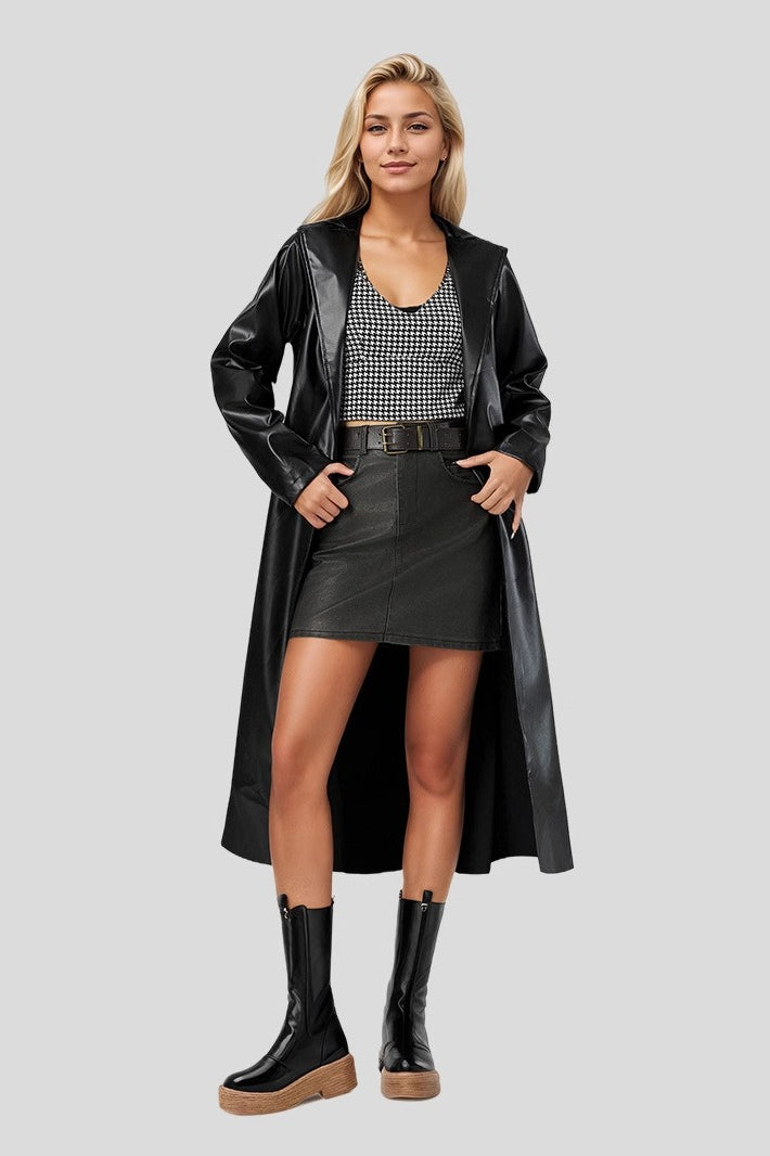 Wrinkle-resistant Long Bathrobe-style Leather Coat