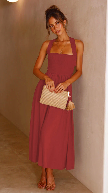 Red Cotton A-line Midi Dress