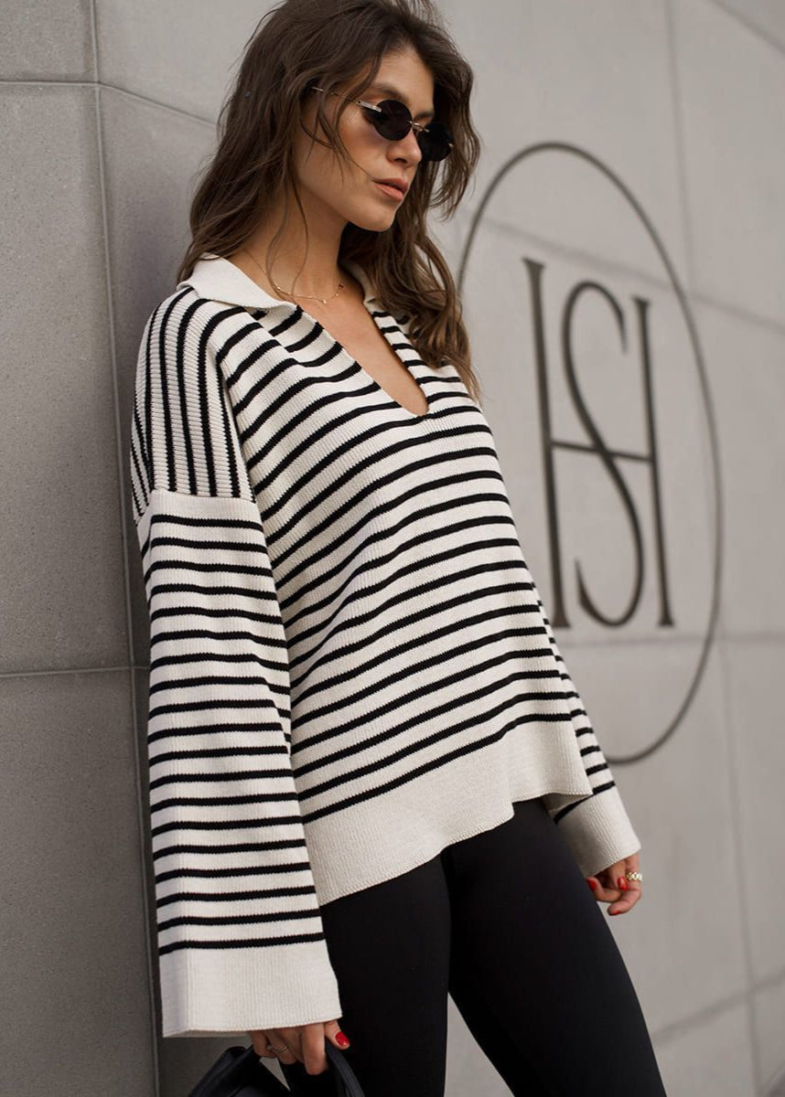 Mariner – Striped V-neck Knit Sweater With Wide Sleeves