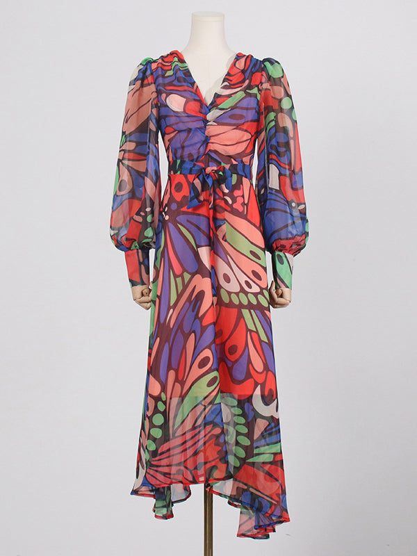 High Waisted Long Sleeves Buttoned Printed Split-joint V-neck Midi Dresses