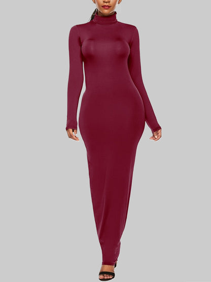 Bodycon Long Sleeves Color High Neck Maxi Dresses