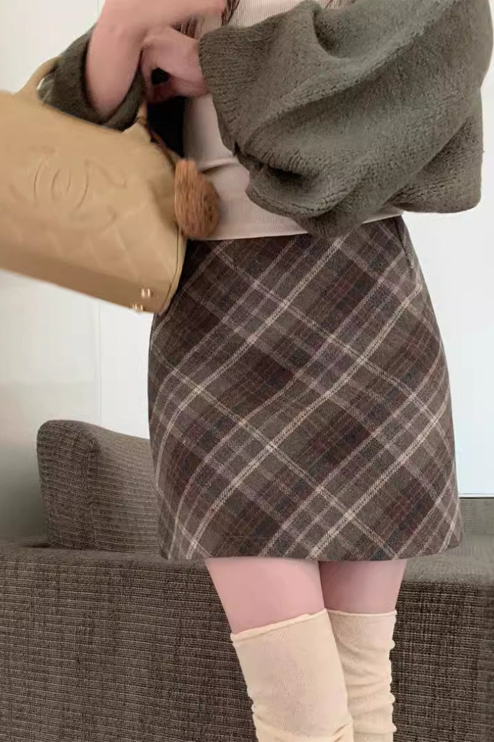 Wool Plaid High Waist A-line Skirt
