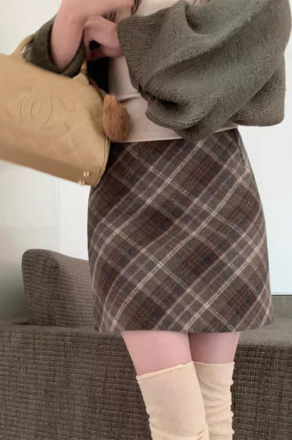 Wool Plaid High Waist A-line Skirt