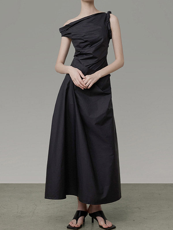 A-line High Waisted Asymmetric Color One-shoulder Midi Dresses
