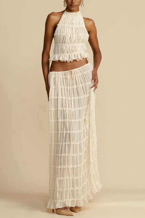 Versatility and Charm Pleated Drawstring Waist Tiered Maxi Skirt