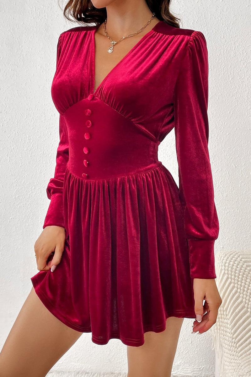Velvet V-neck Button Slim Long-sleeve Mini Dress