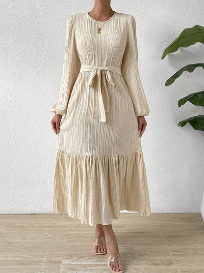 A-line Long Sleeves Elasticity Pleated Color Split-joint Tied Waist Round-neck Midi Dresses