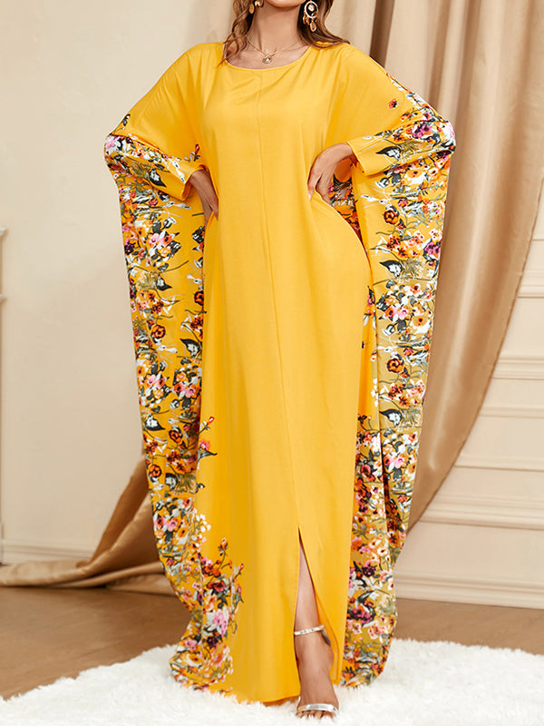 Batwing Sleeves Loose Muslim Printed Split-front Round-neck Maxi Dresses