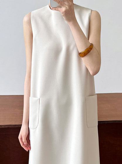 High Waisted Loose Pockets Color Split-back Zipper Round-neck Midi Dresses