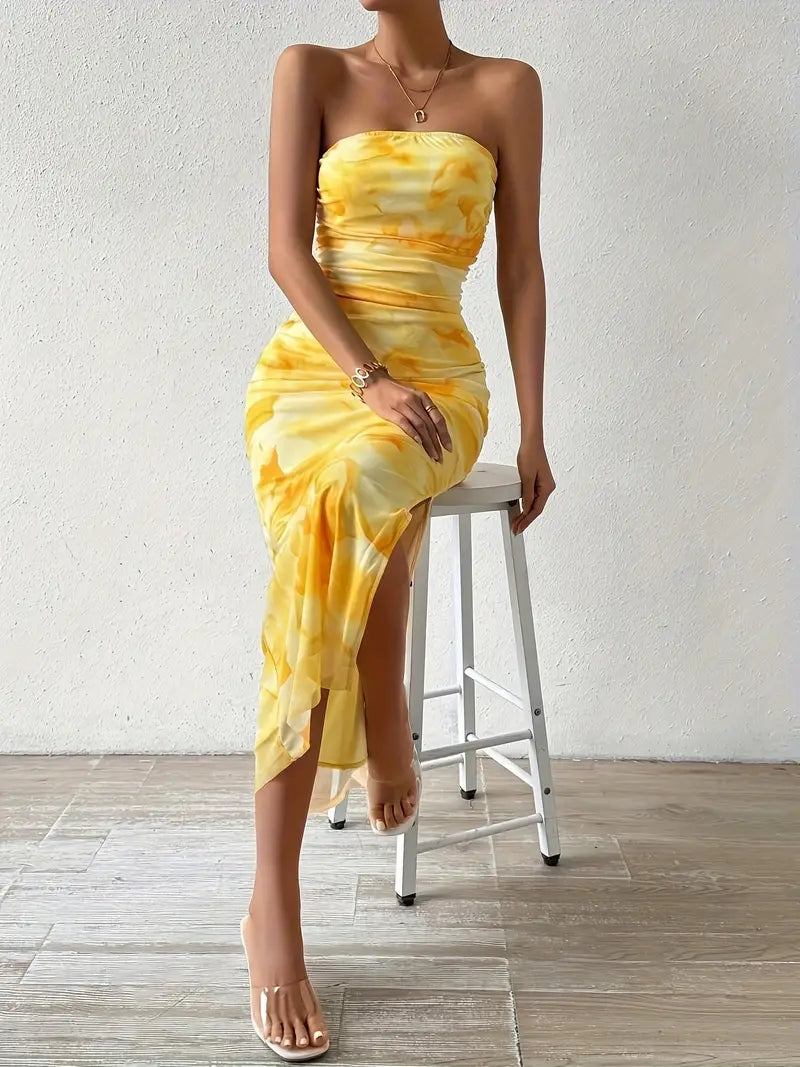 Yellow Print Off Shoulder Backless Split Bodycon Tube Maxi Dress