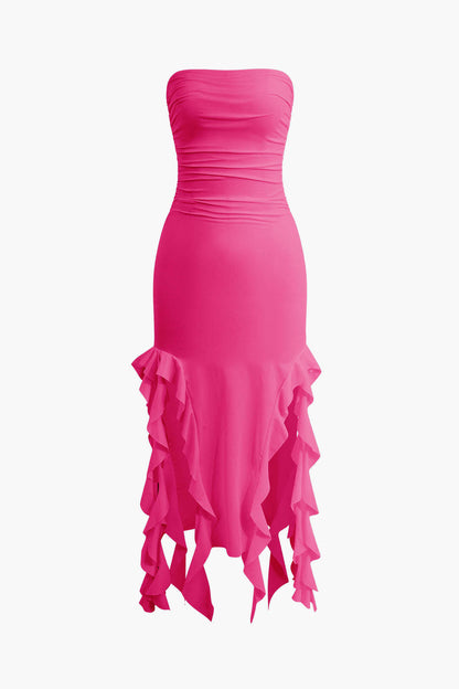 Color French Ruffle Hem Ruched Tube Maxi Dress