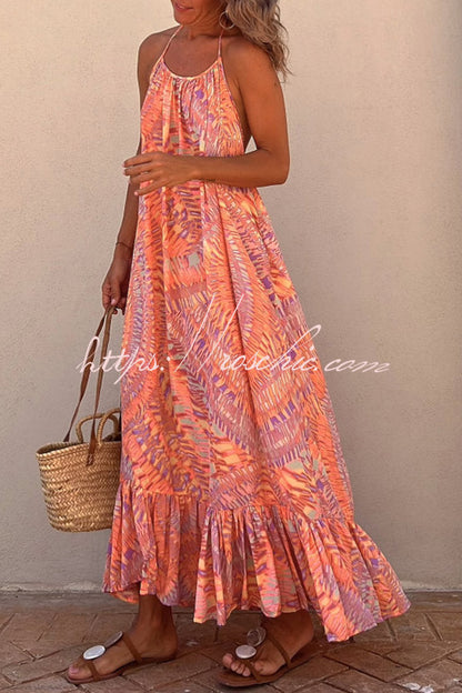 Sunita Print A-line Halter Tassel Vacation Maxi Dress