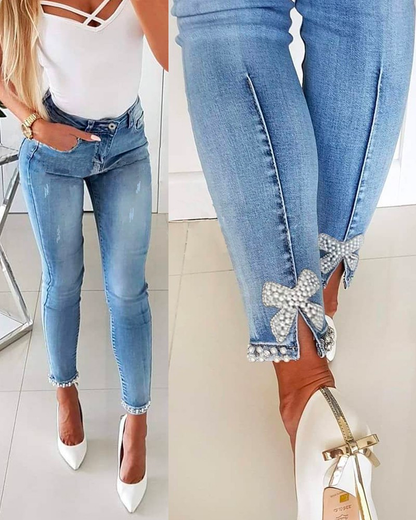 Bow Knot Pearl Beaded Pencil Denim Pants
