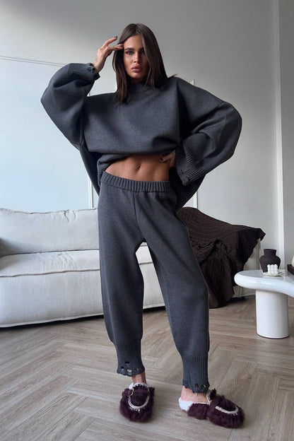Distressed Knit Crew Neck Sweater Two Piece Set